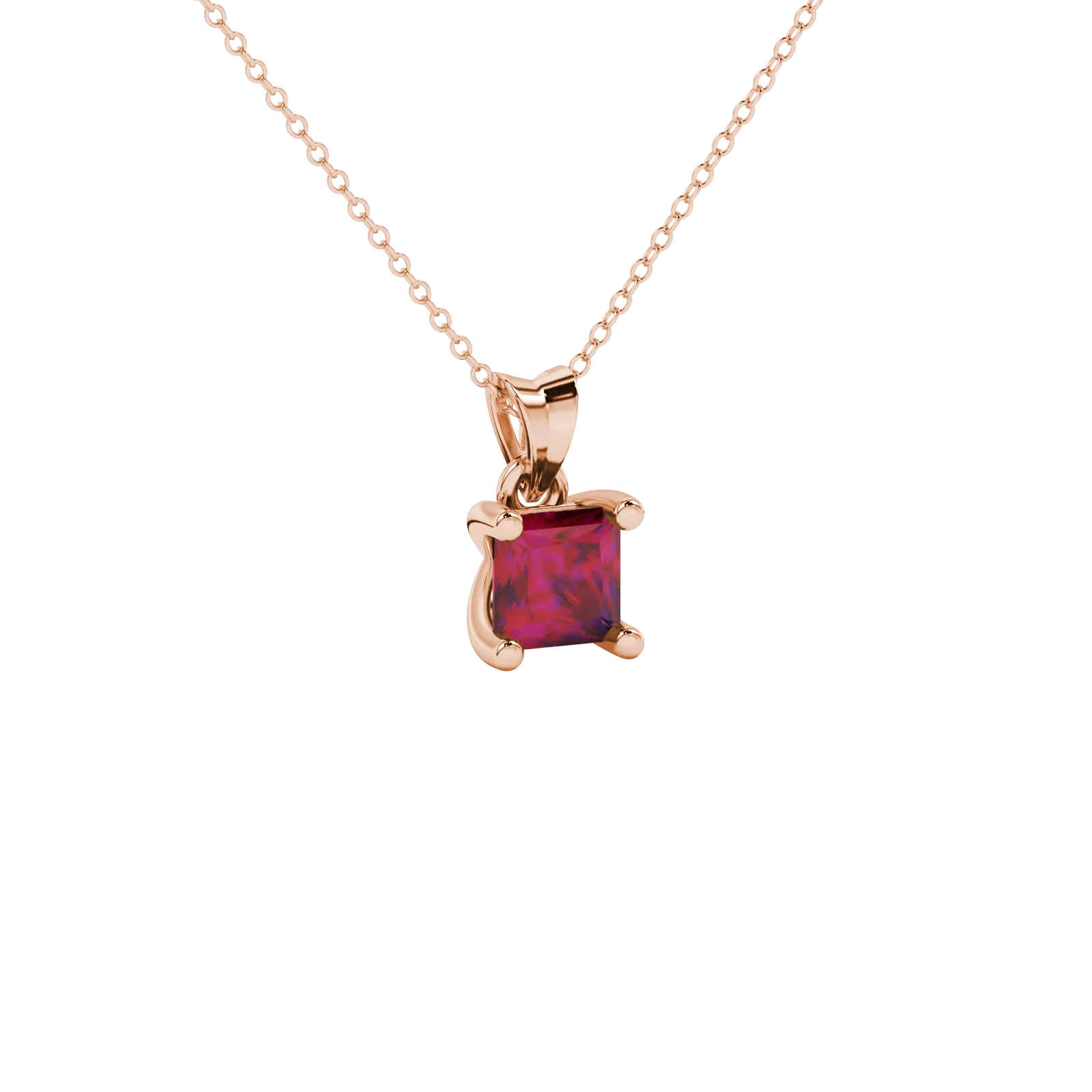 Close-up, princess raspberry red gemstone pendant, rose gold four-prong setting.