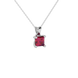 Close-up raspberry red gemstone pendant, white gold four-prong setting.