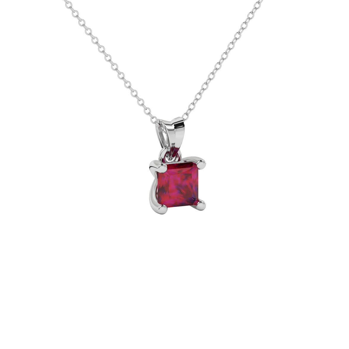 Close-up raspberry red gemstone pendant, white gold four-prong setting.