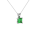 Close-up emerald green gemstone pendant, white gold four-prong setting.