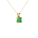 Close-up, princess emerald green gemstone, yellow gold four-prong pendant.