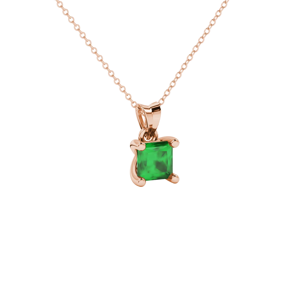 Close-up, princess emerald green gemstone pendant, rose gold four-prong setting.