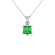 Princess emerald green gemstone pendant, white gold six-prong setting.