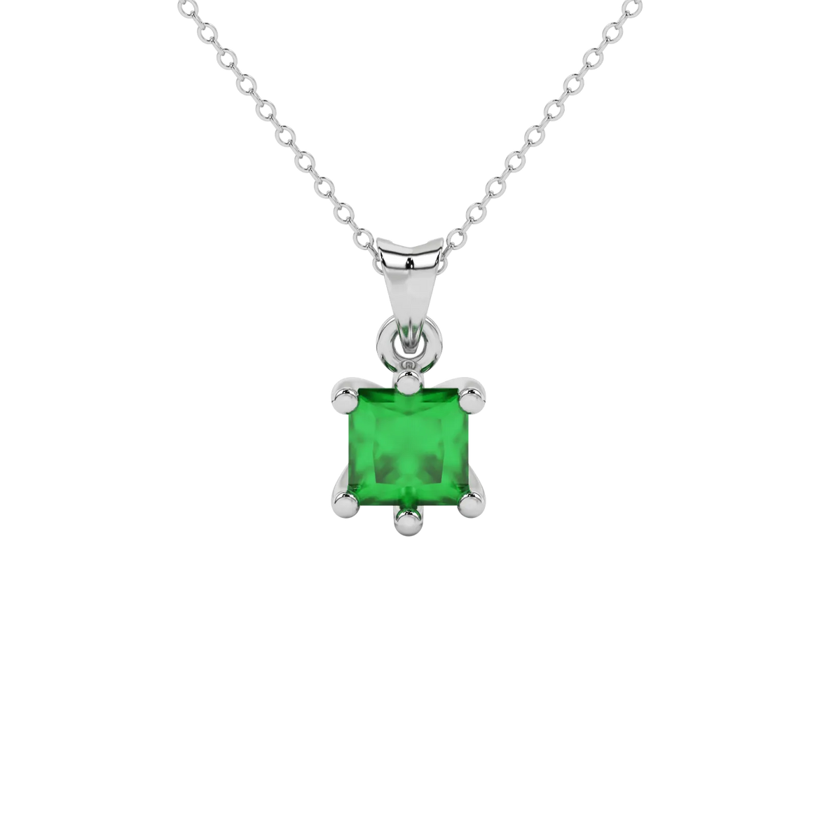Princess emerald green gemstone pendant, white gold six-prong setting.