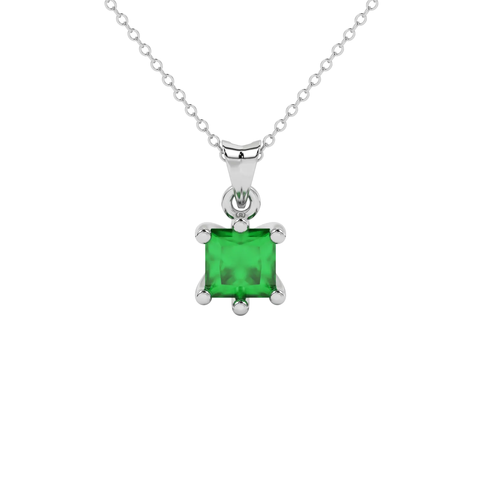Princess emerald green gemstone pendant, white gold six-prong setting.