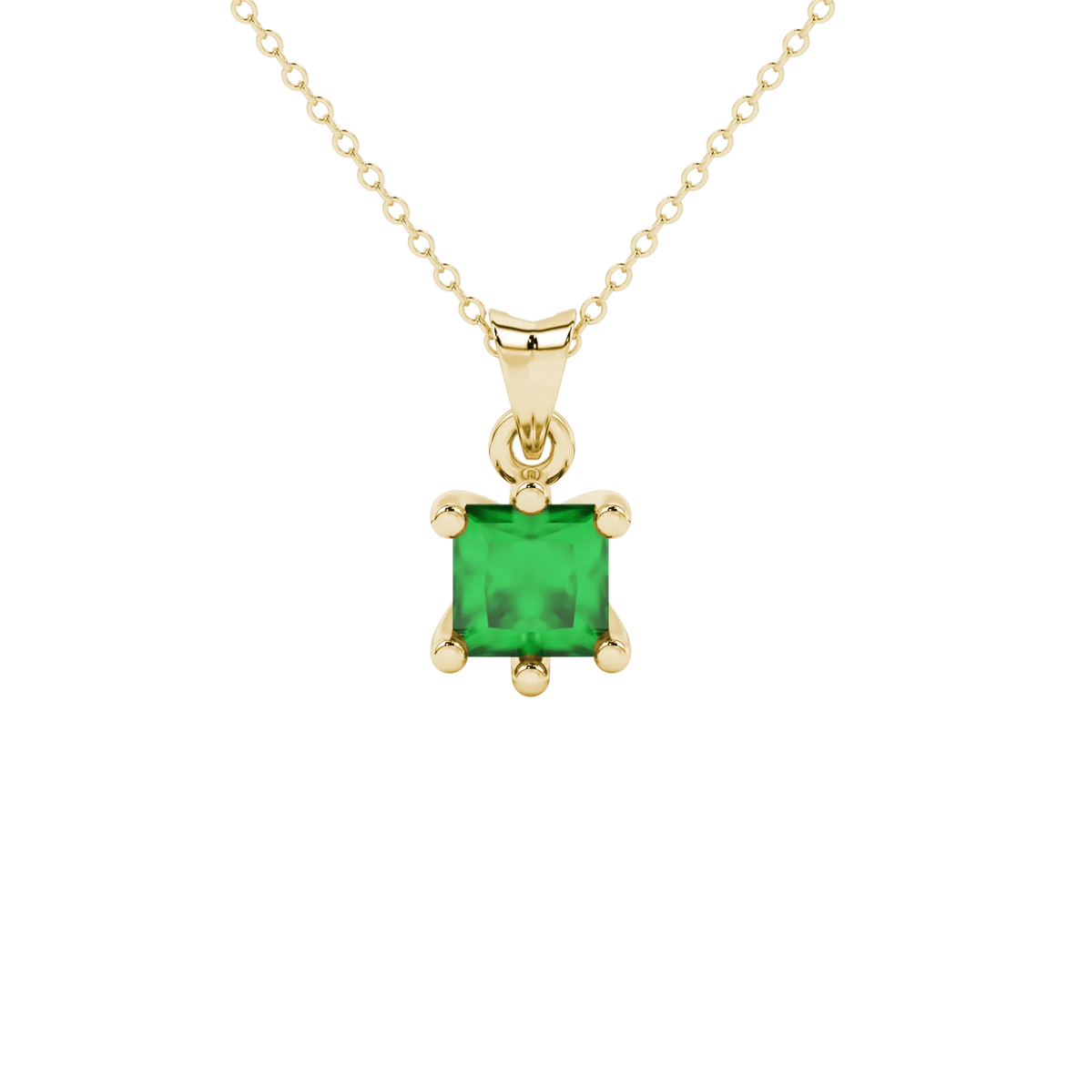 Princess emerald green gemstone pendant, yellow gold six-prong setting.