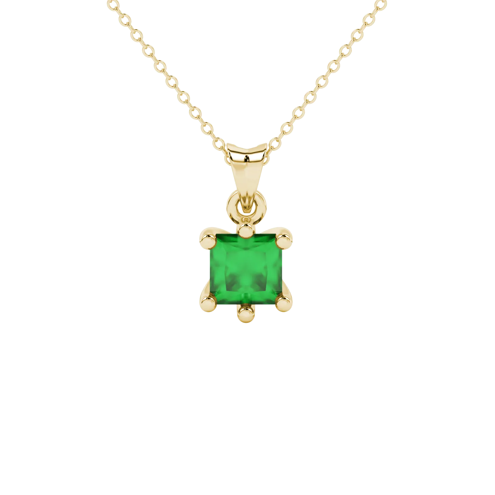 Princess emerald green gemstone pendant, yellow gold six-prong setting.