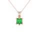 Princess emerald green gemstone pendant, rose gold six-prong setting.