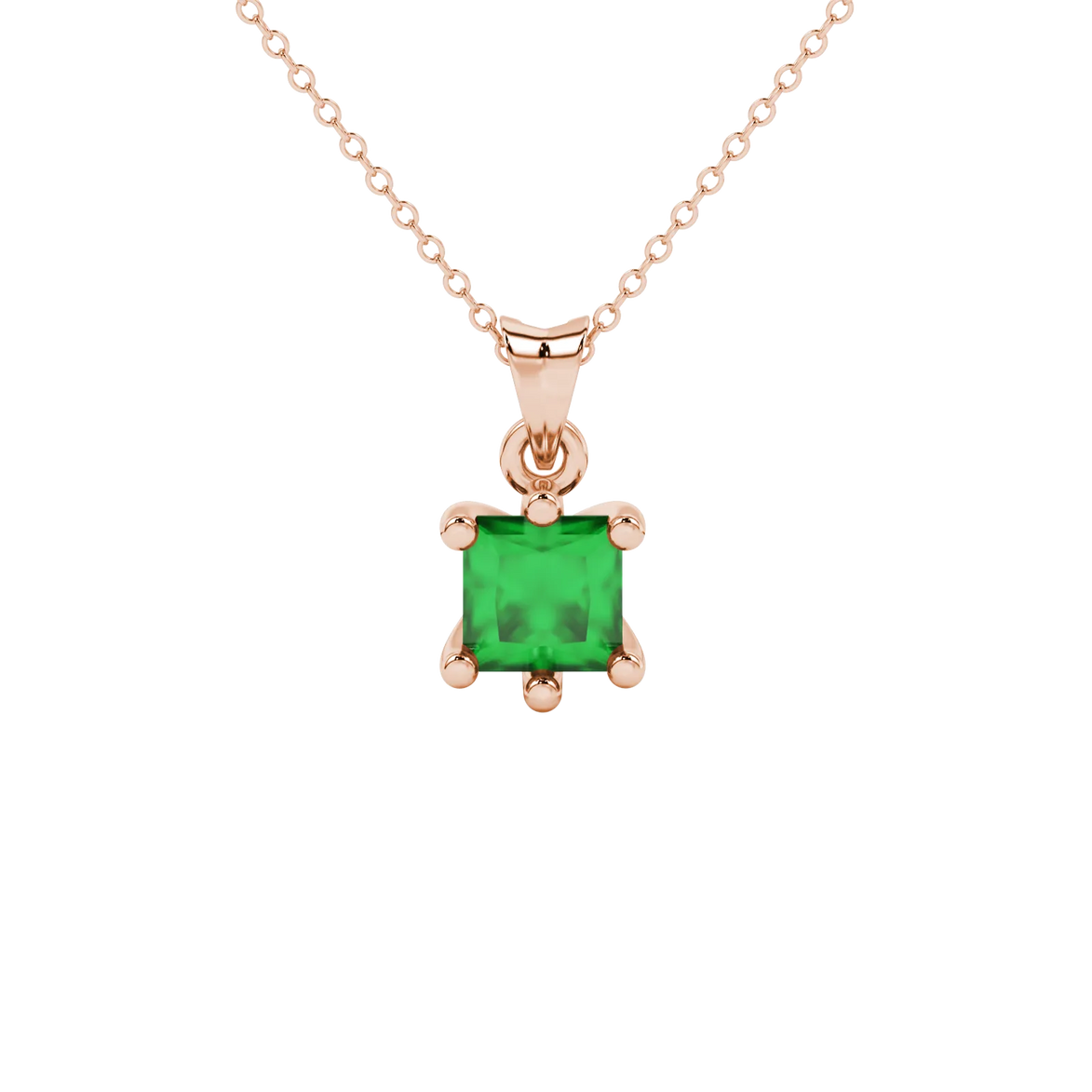 Princess emerald green gemstone pendant, rose gold six-prong setting.