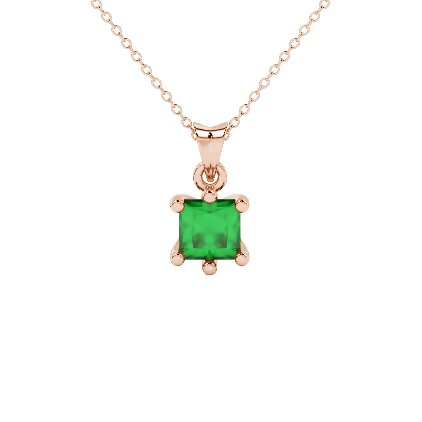 Princess emerald green gemstone pendant, rose gold six-prong setting.