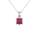 Princess raspberry red gemstone pendant, white gold six-prong setting.