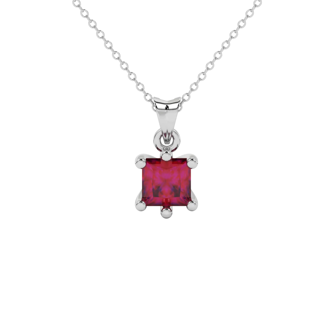 Princess raspberry red gemstone pendant, white gold six-prong setting.