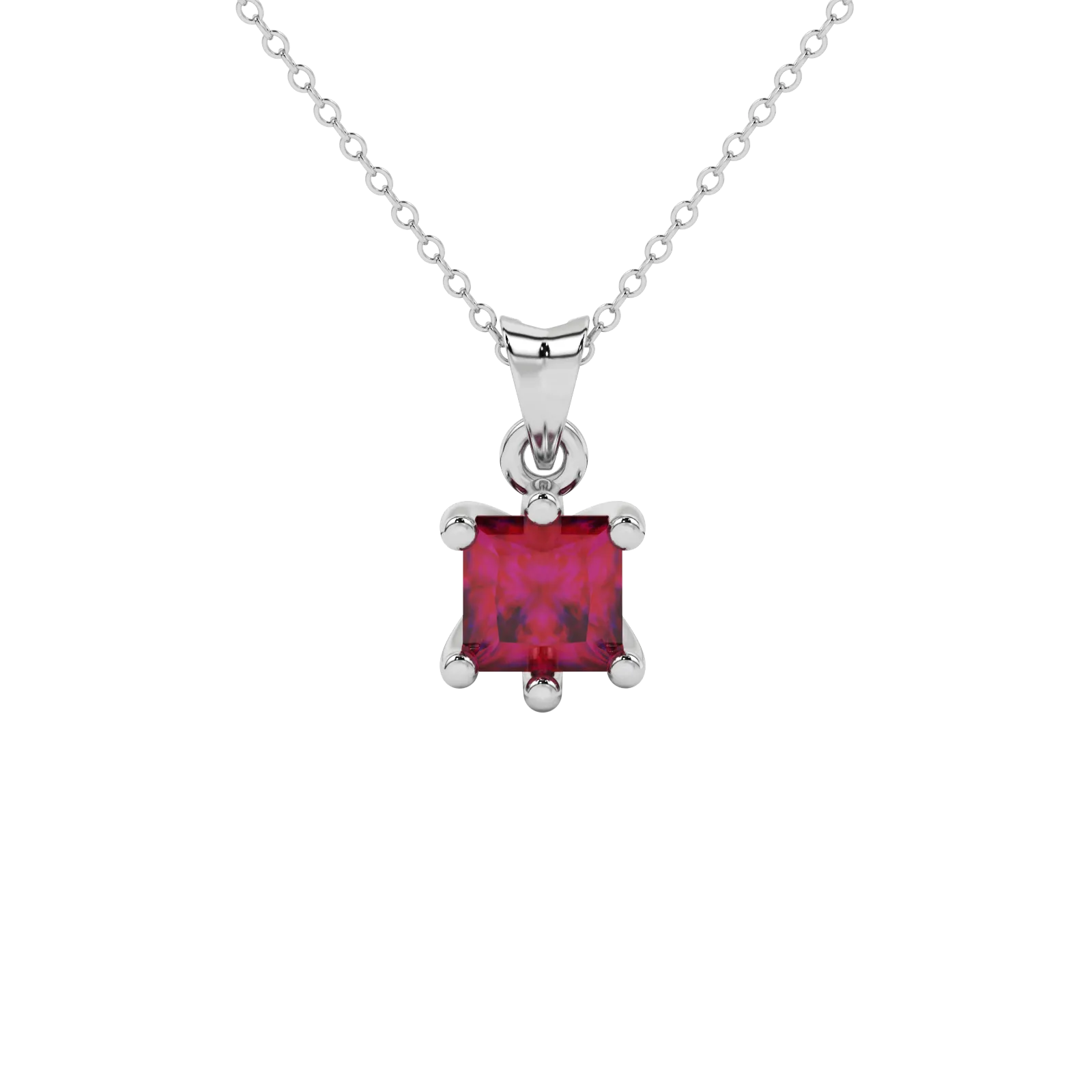 Princess raspberry red gemstone pendant, white gold six-prong setting.