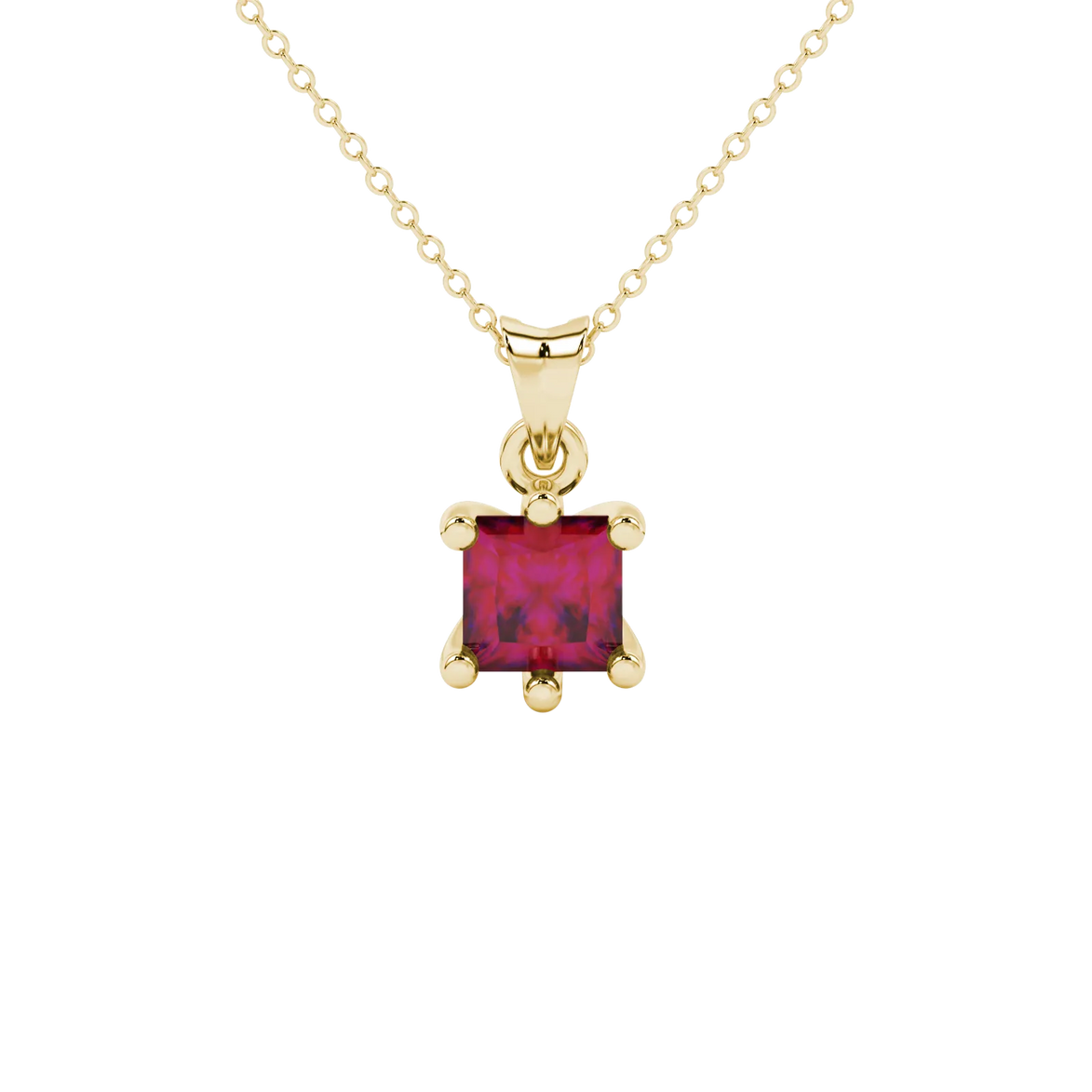 Princess raspberry red gemstone pendant, yellow gold six-prong setting.