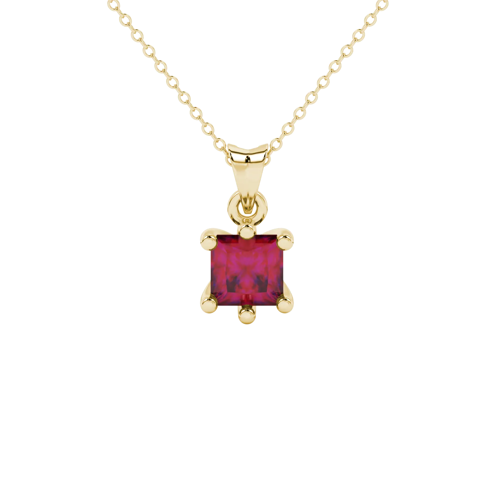Princess raspberry red gemstone pendant, yellow gold six-prong setting.