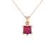 Princess raspberry red gemstone pendant, rose gold six-prong setting.