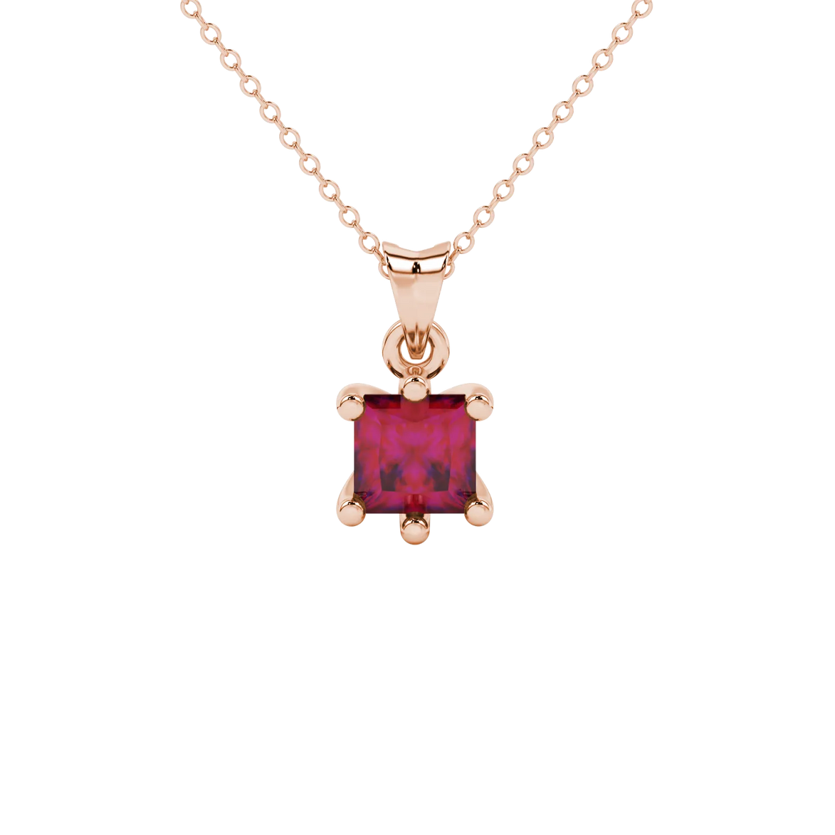 Princess raspberry red gemstone pendant, rose gold six-prong setting.