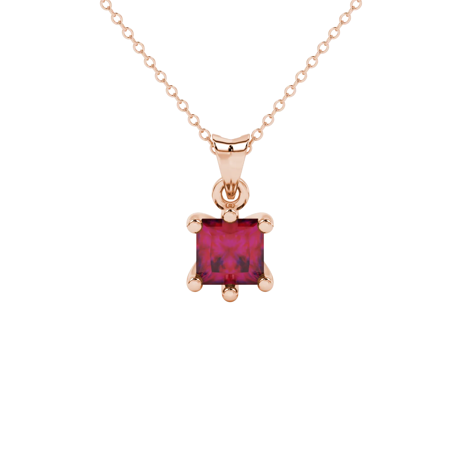 Princess raspberry red gemstone pendant, rose gold six-prong setting.