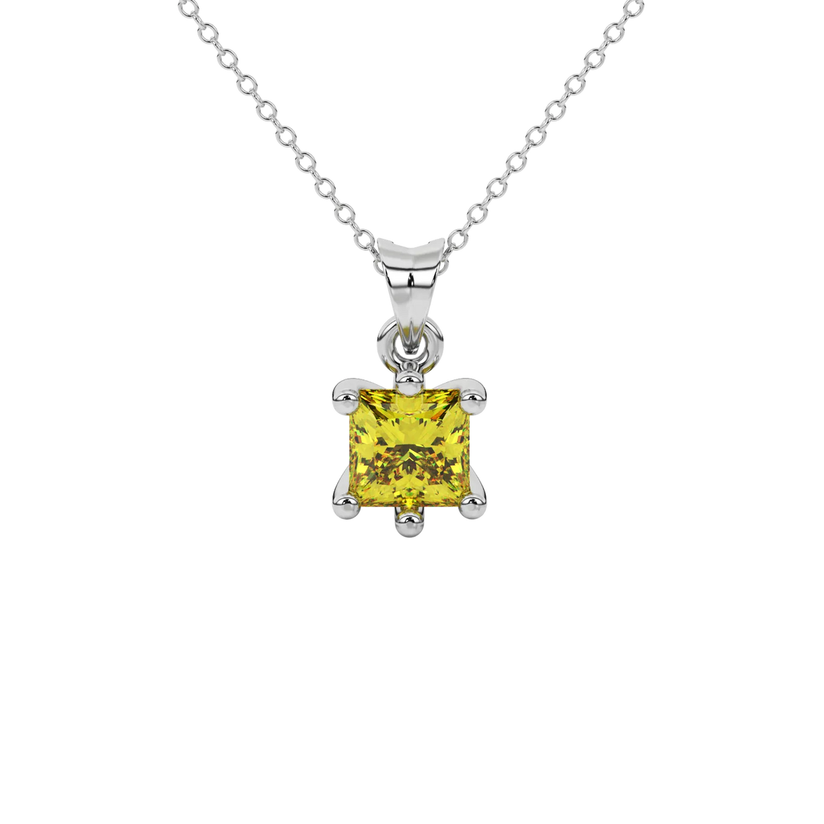 Princess canary yellow gemstone pendant, white gold six-prong setting.