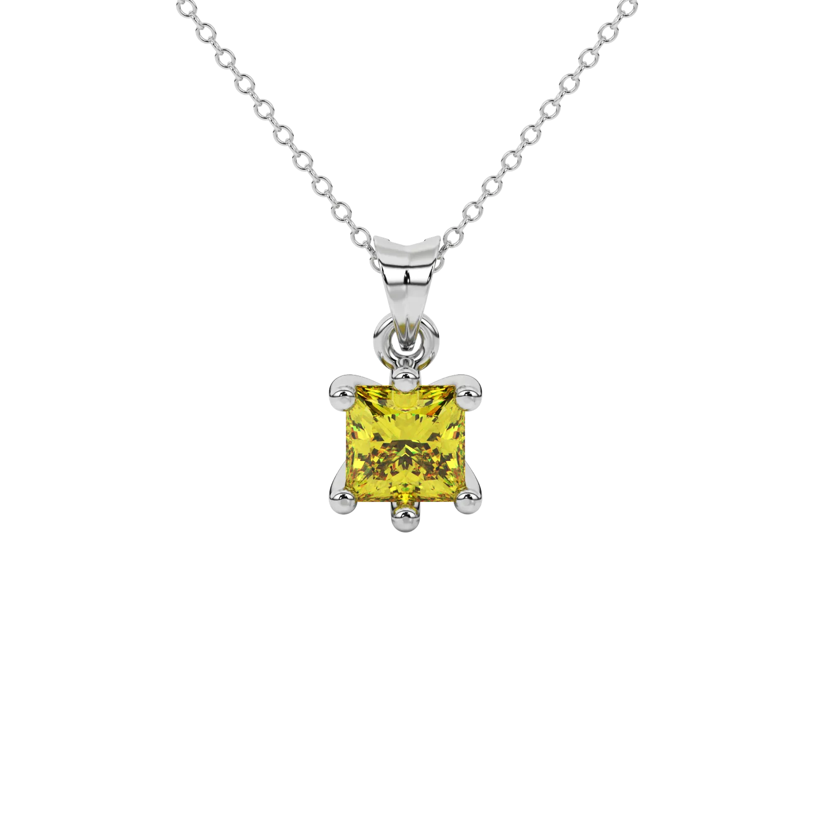 Princess canary yellow gemstone pendant, white gold six-prong setting.