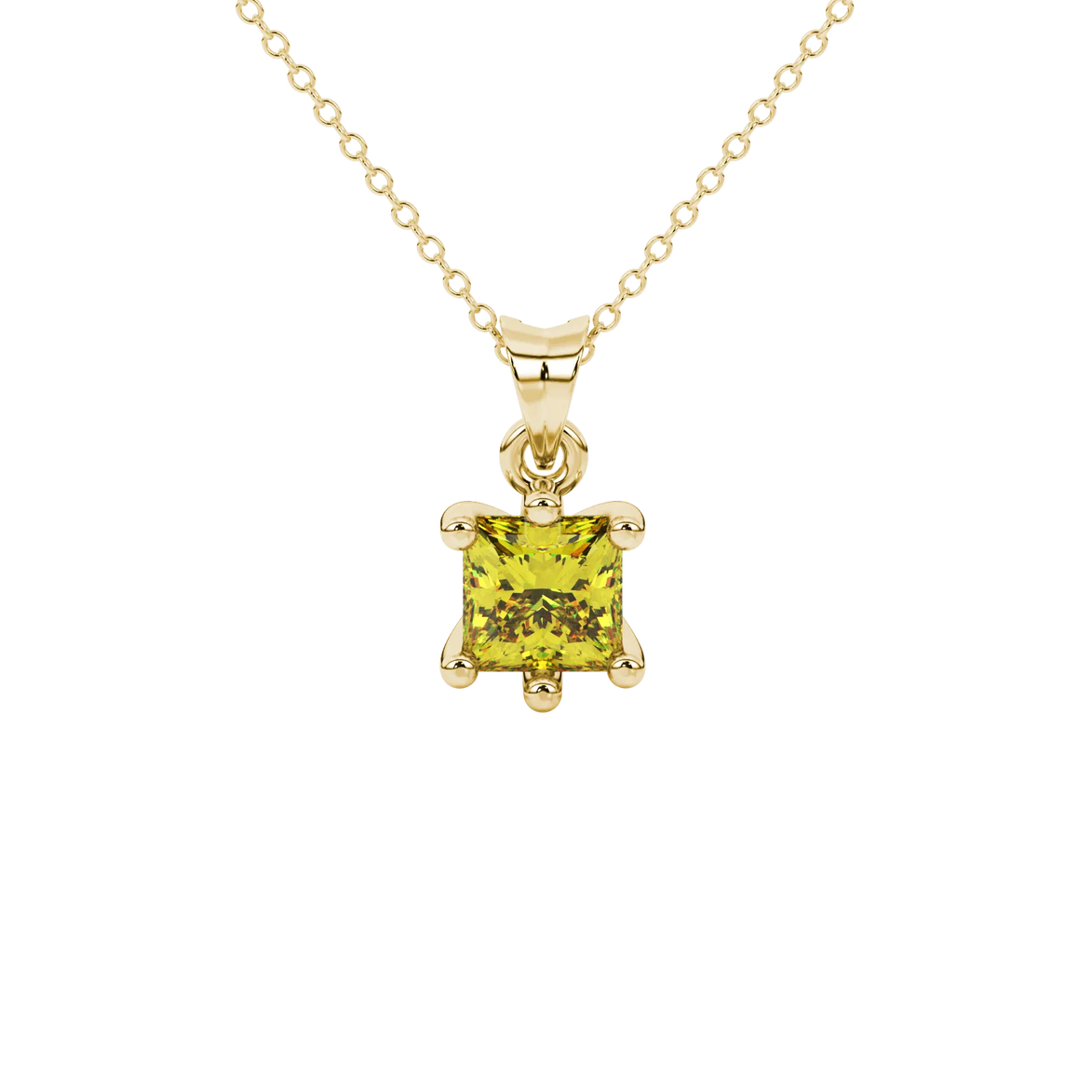 Princess canary yellow gemstone pendant, yellow gold six-prong setting.