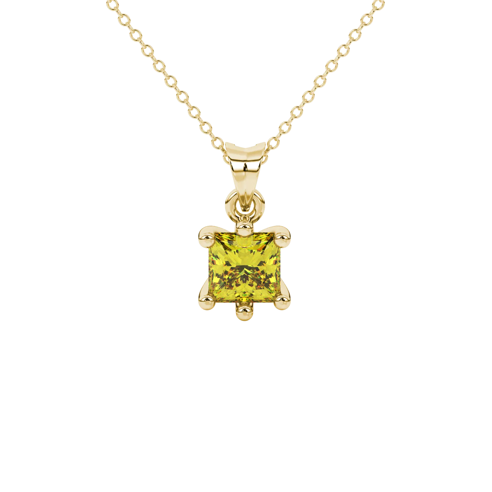 Princess canary yellow gemstone pendant, yellow gold six-prong setting.
