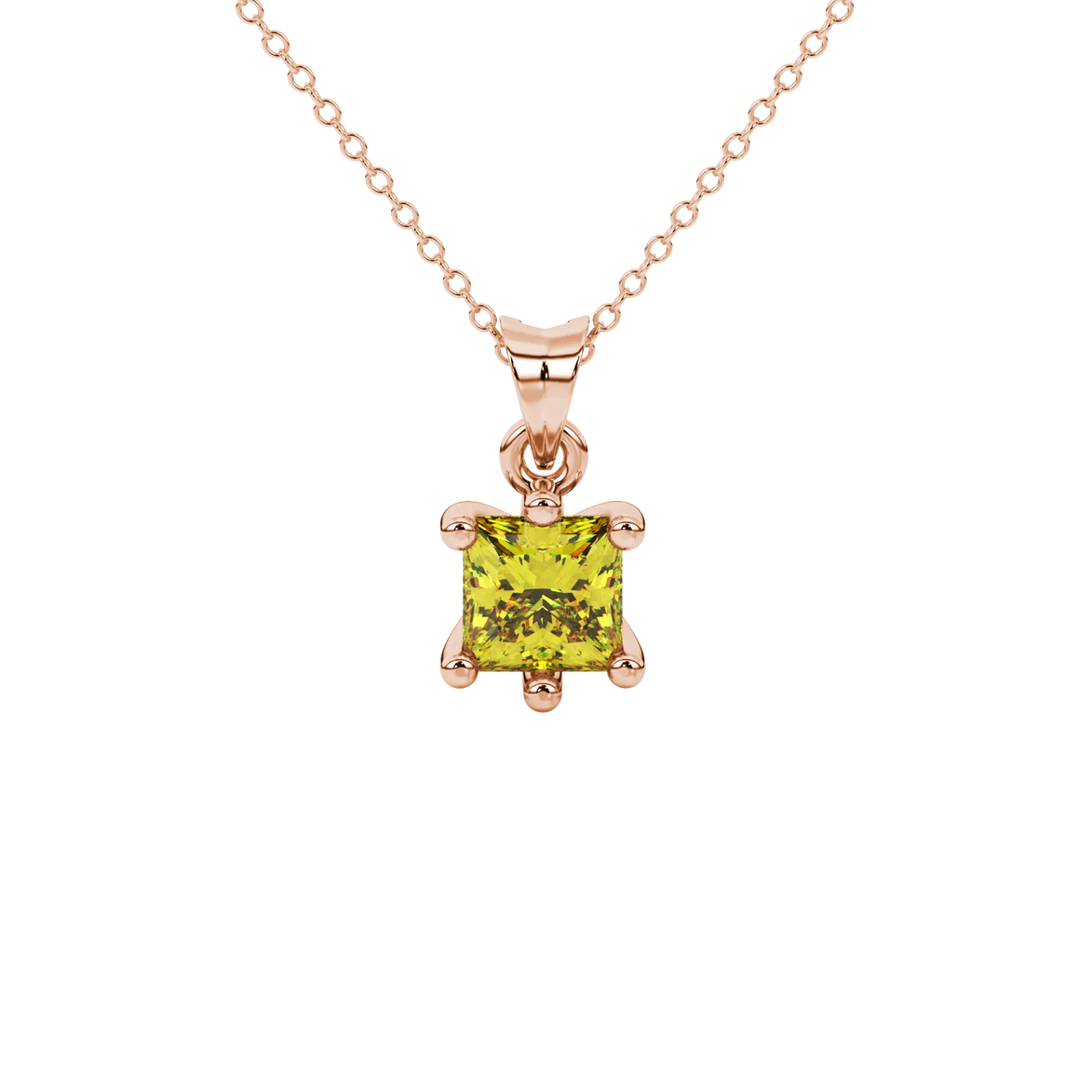 Princess canary yellow gemstone pendant, rose gold six-prong setting.