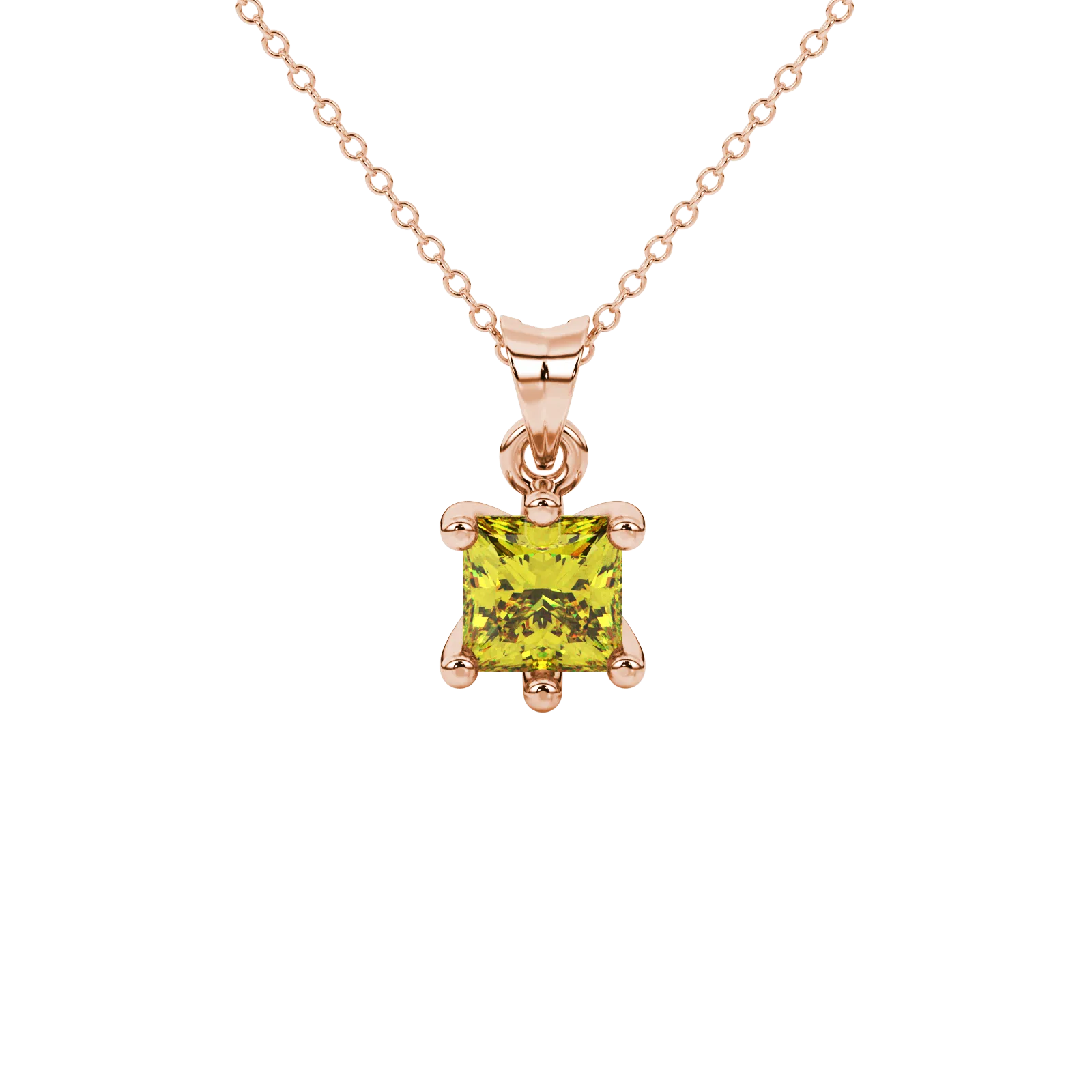 Princess canary yellow gemstone pendant, rose gold six-prong setting.