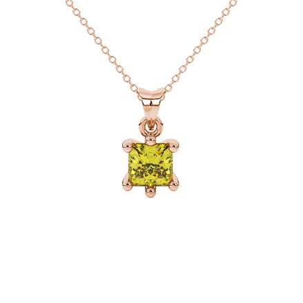 Princess canary yellow gemstone pendant, rose gold six-prong setting.