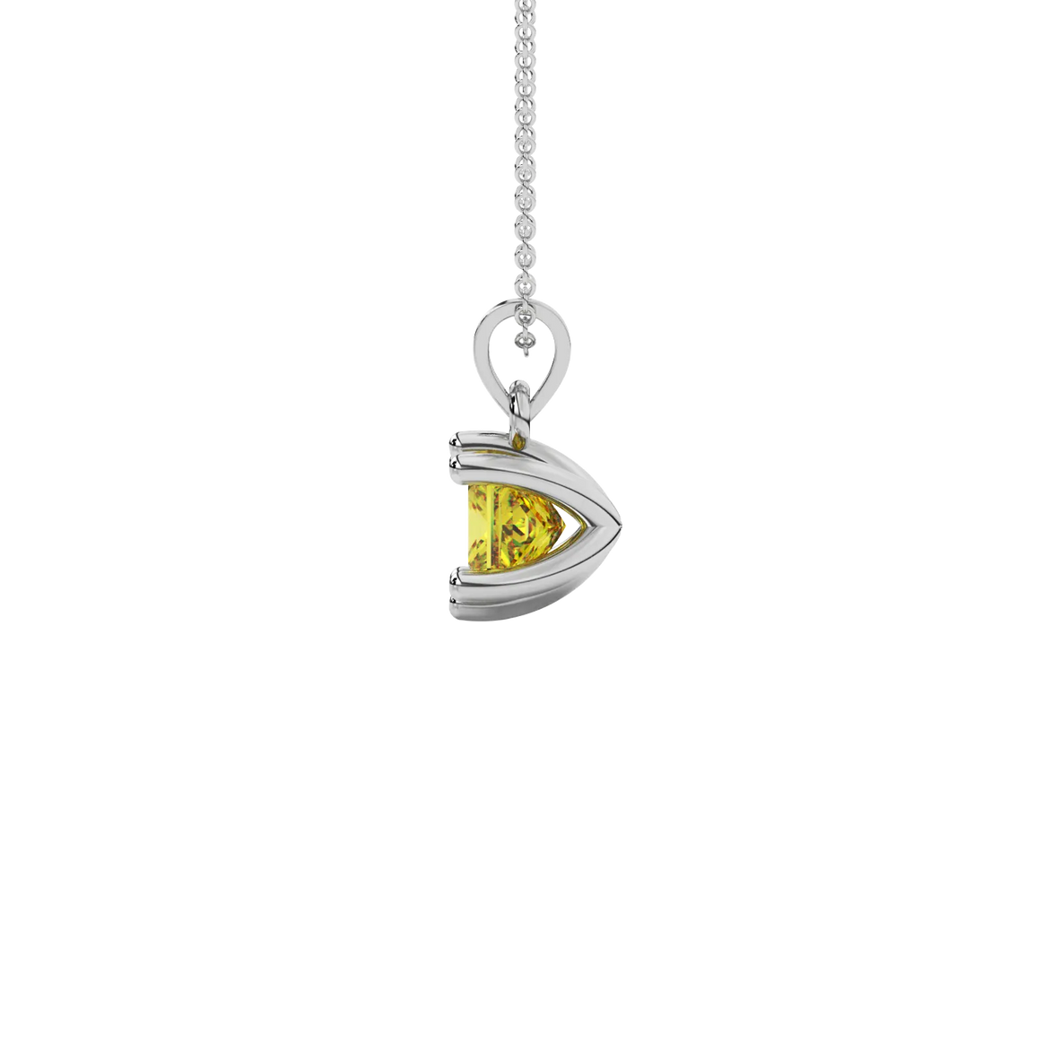 Side profile, white gold canary yellow pendant, six-prong gallery.
