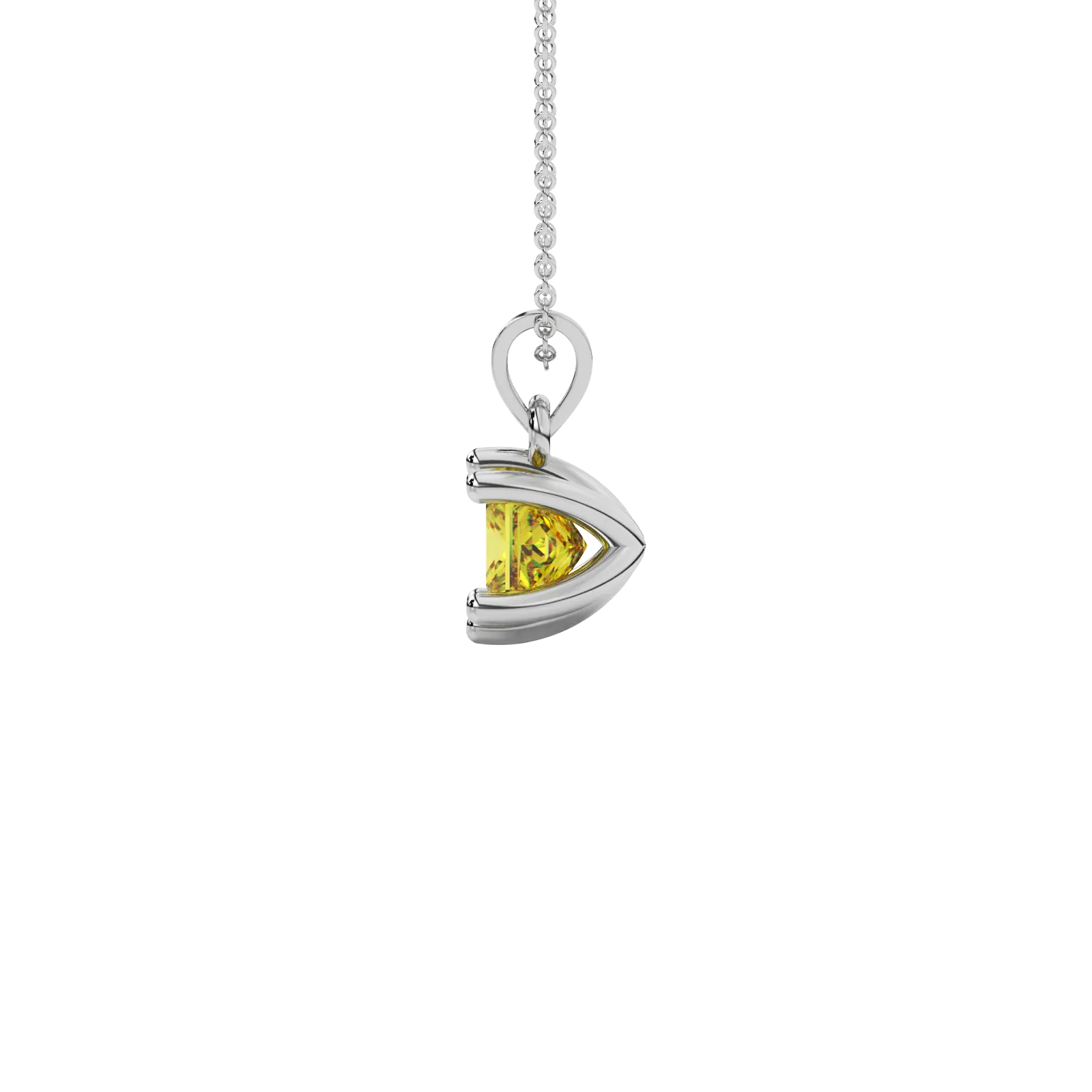 Side profile, white gold canary yellow pendant, six-prong gallery.