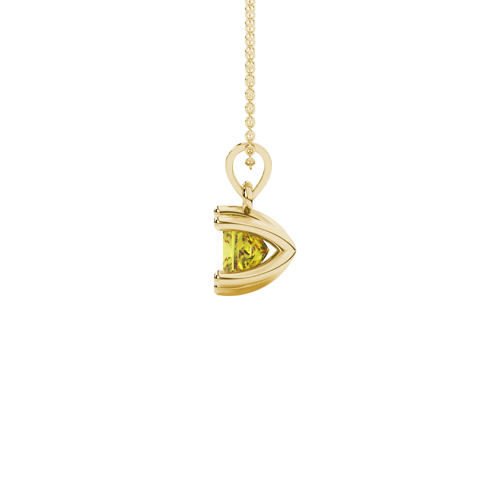 Side profile, yellow gold canary yellow pendant, six-prong gallery.