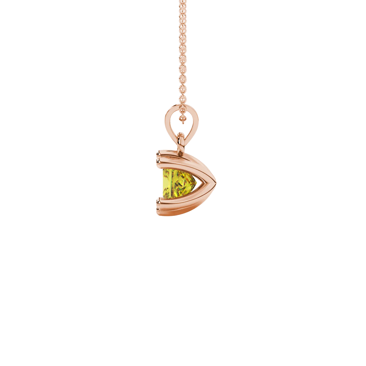Side profile, rose gold canary yellow pendant, six-prong gallery.
