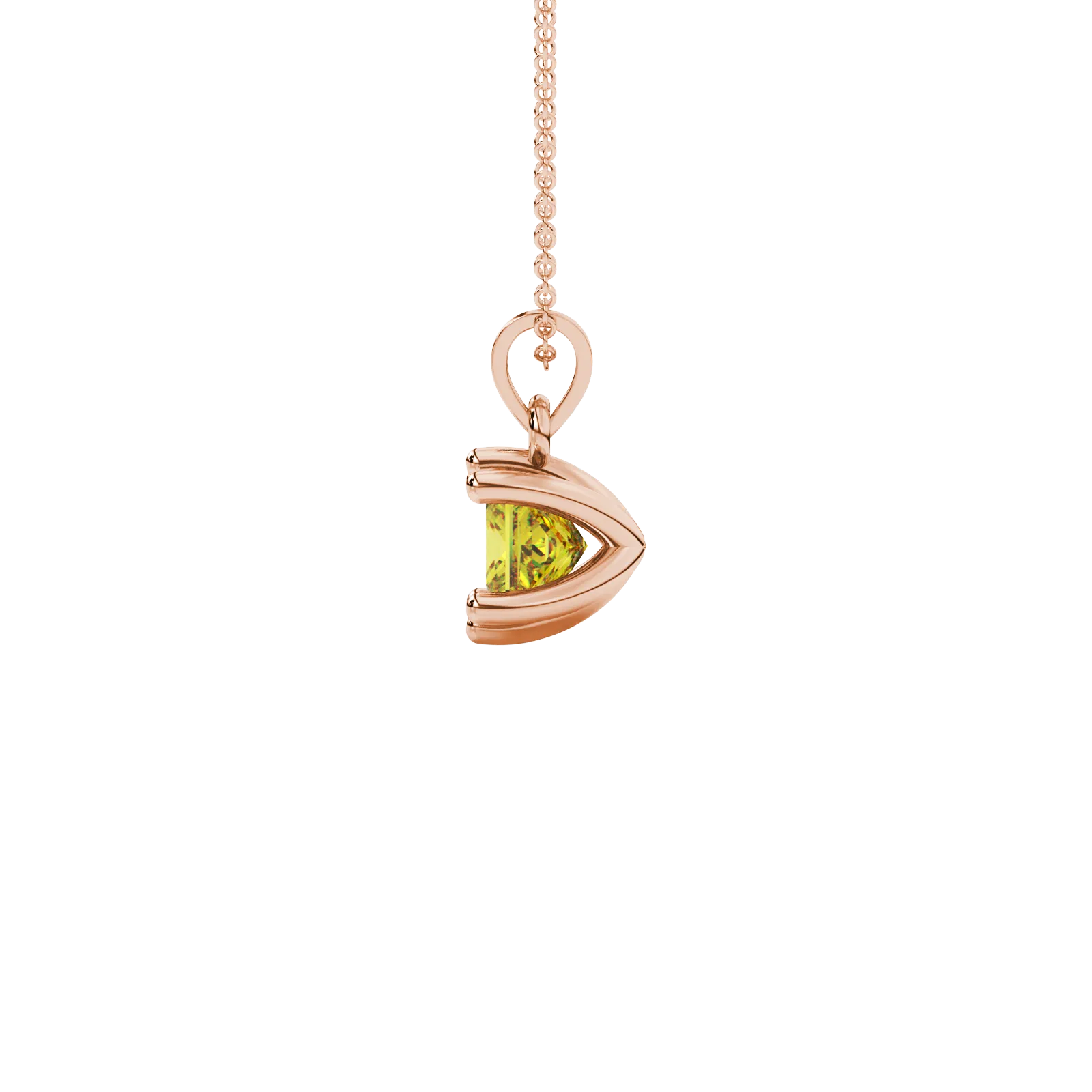 Side profile, rose gold canary yellow pendant, six-prong gallery.