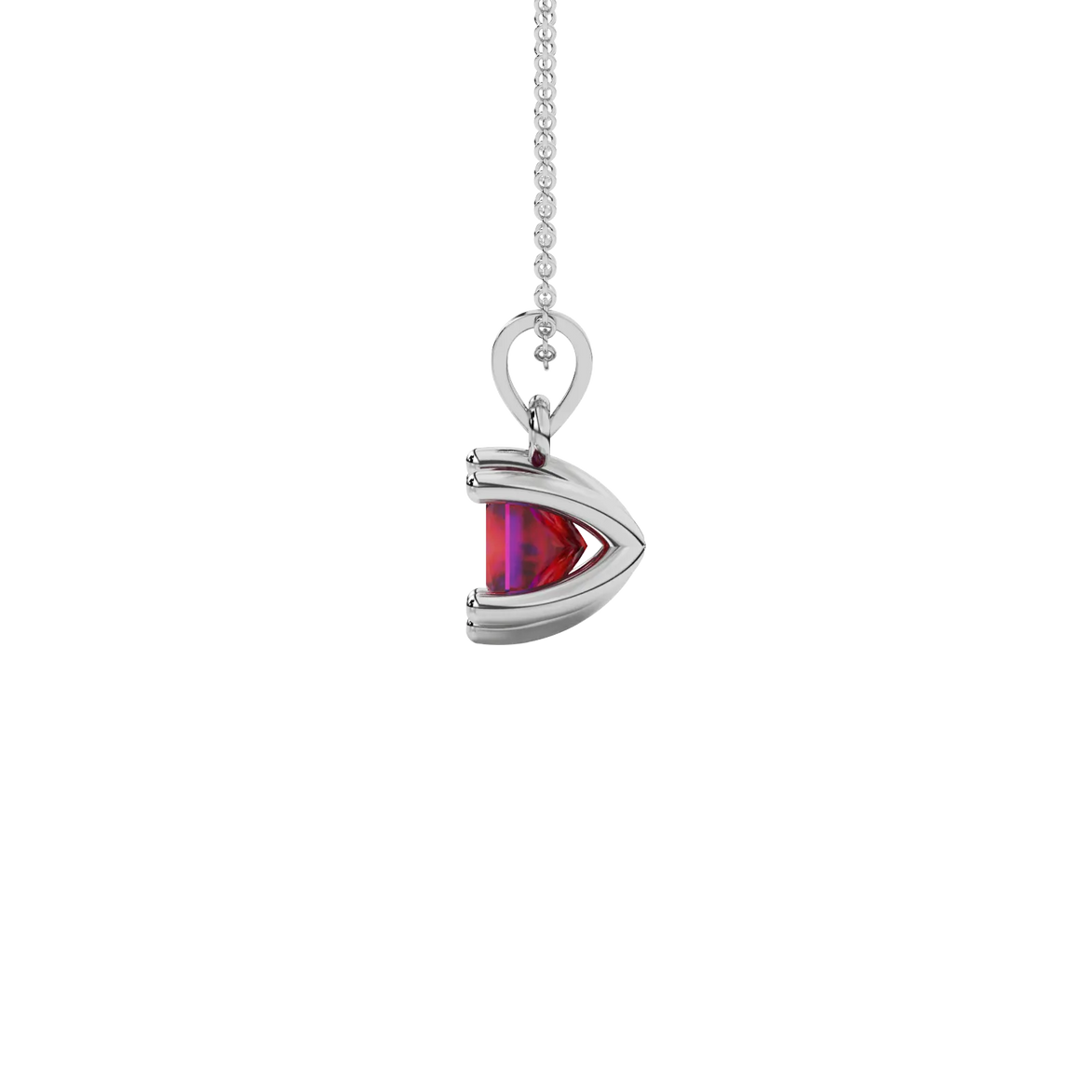 Side profile, white gold raspberry red pendant, six-prong gallery.