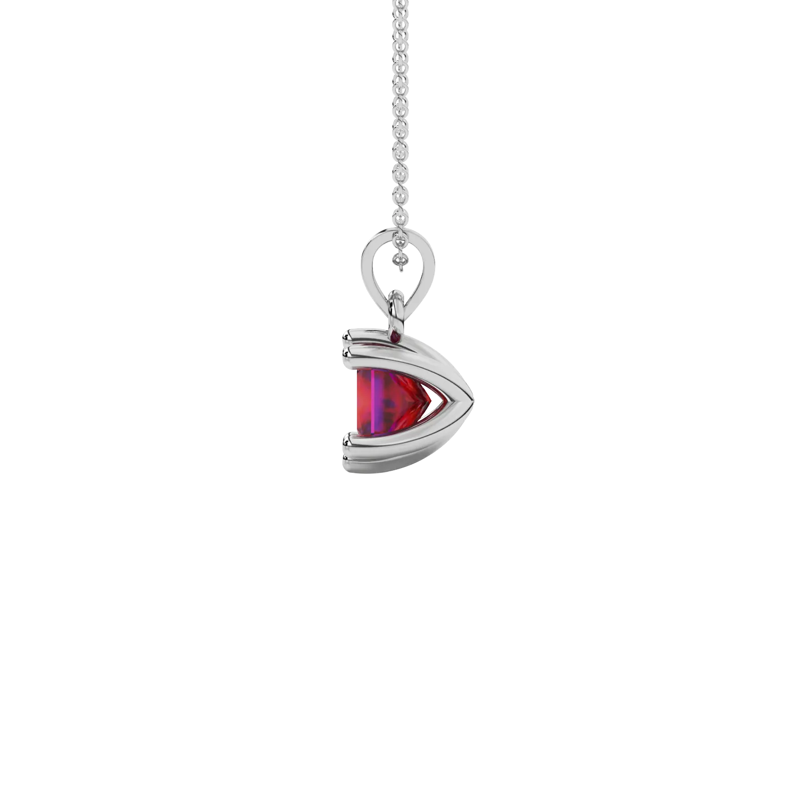 Side profile, white gold raspberry red pendant, six-prong gallery.