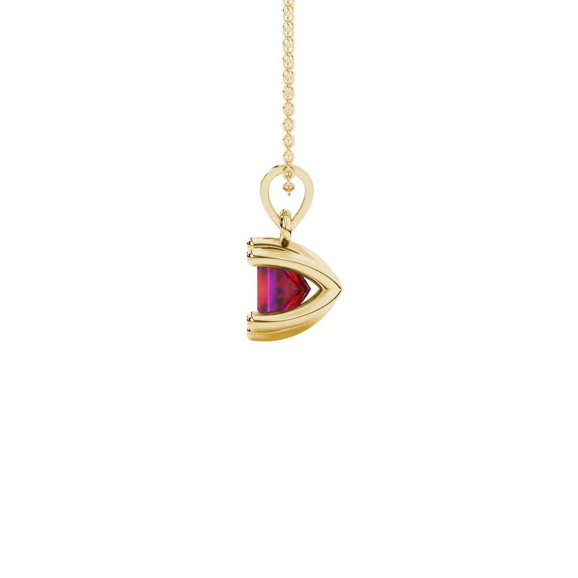 Side profile, yellow gold raspberry red pendant, six-prong gallery.