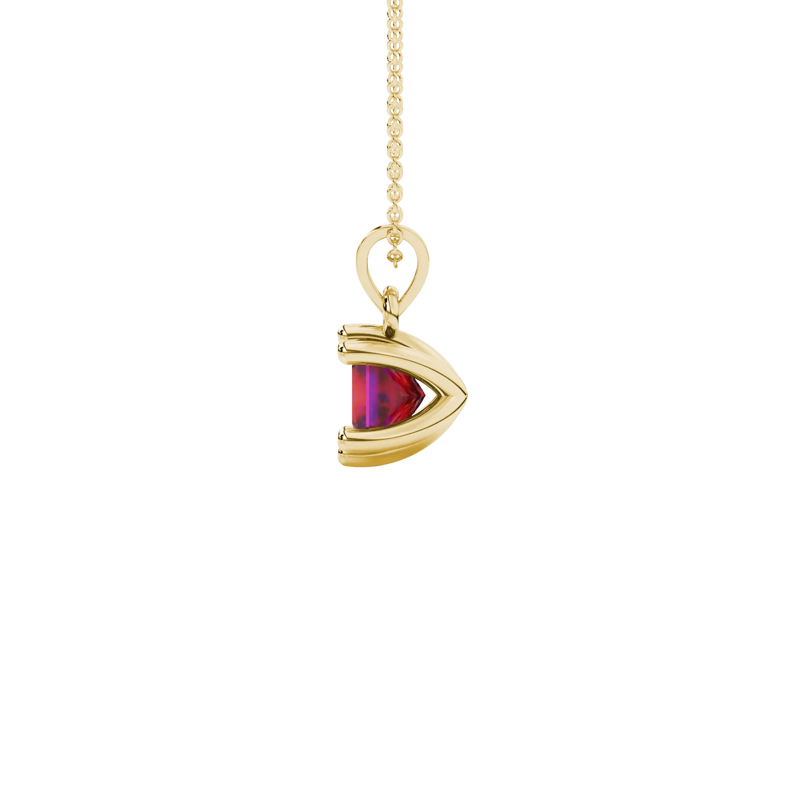Side profile, yellow gold raspberry red pendant, six-prong gallery.