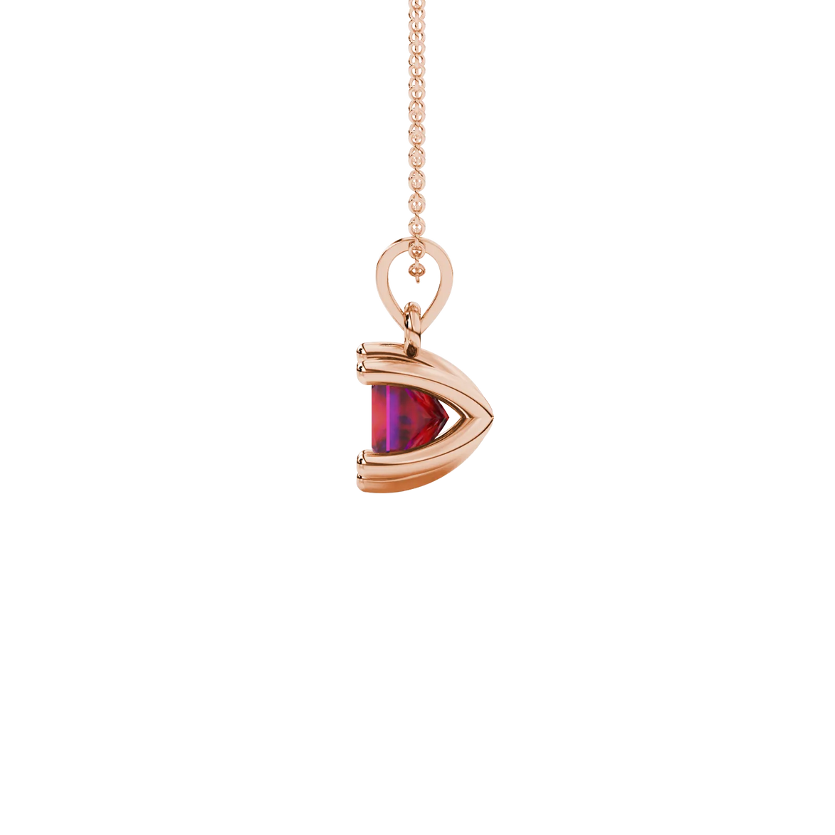 Side profile, rose gold raspberry red pendant, six-prong gallery.