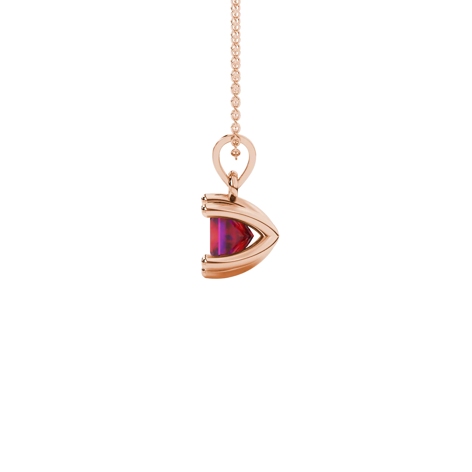 Side profile, rose gold raspberry red pendant, six-prong gallery.
