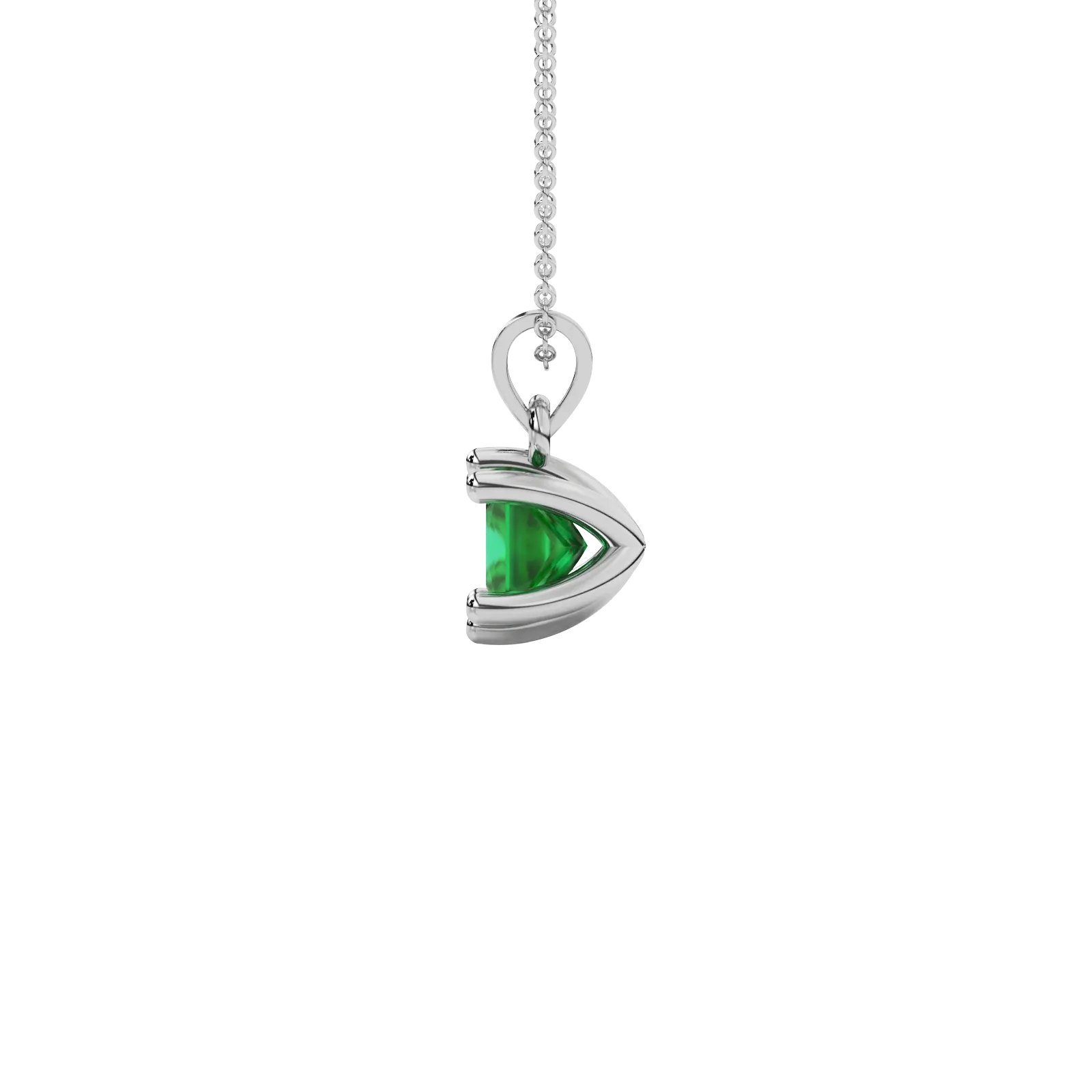Side profile, white gold emerald green pendant, six-prong gallery.