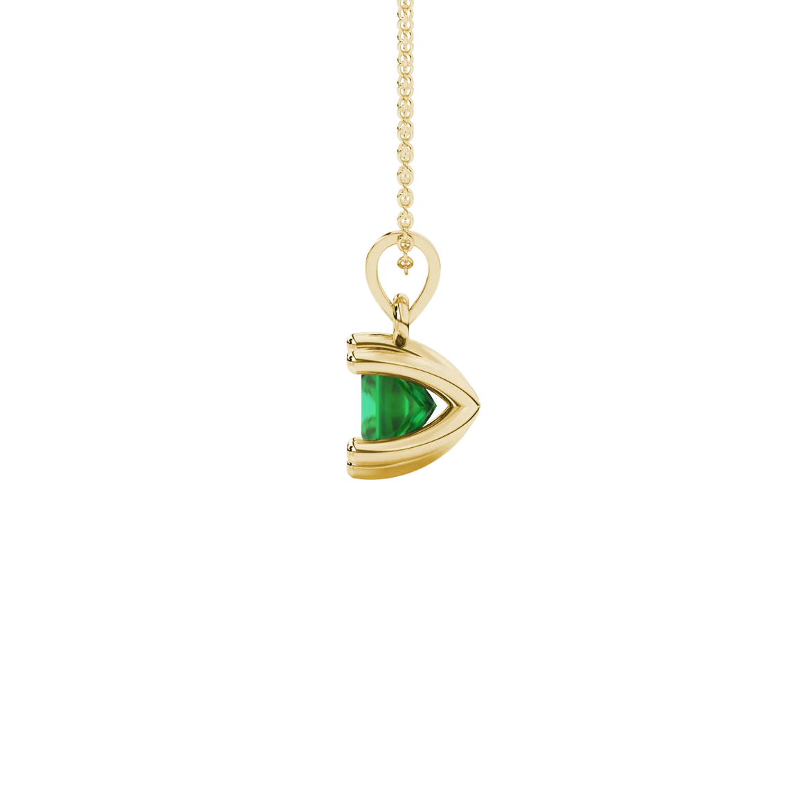 Side profile, yellow gold emerald green pendant, six-prong gallery.