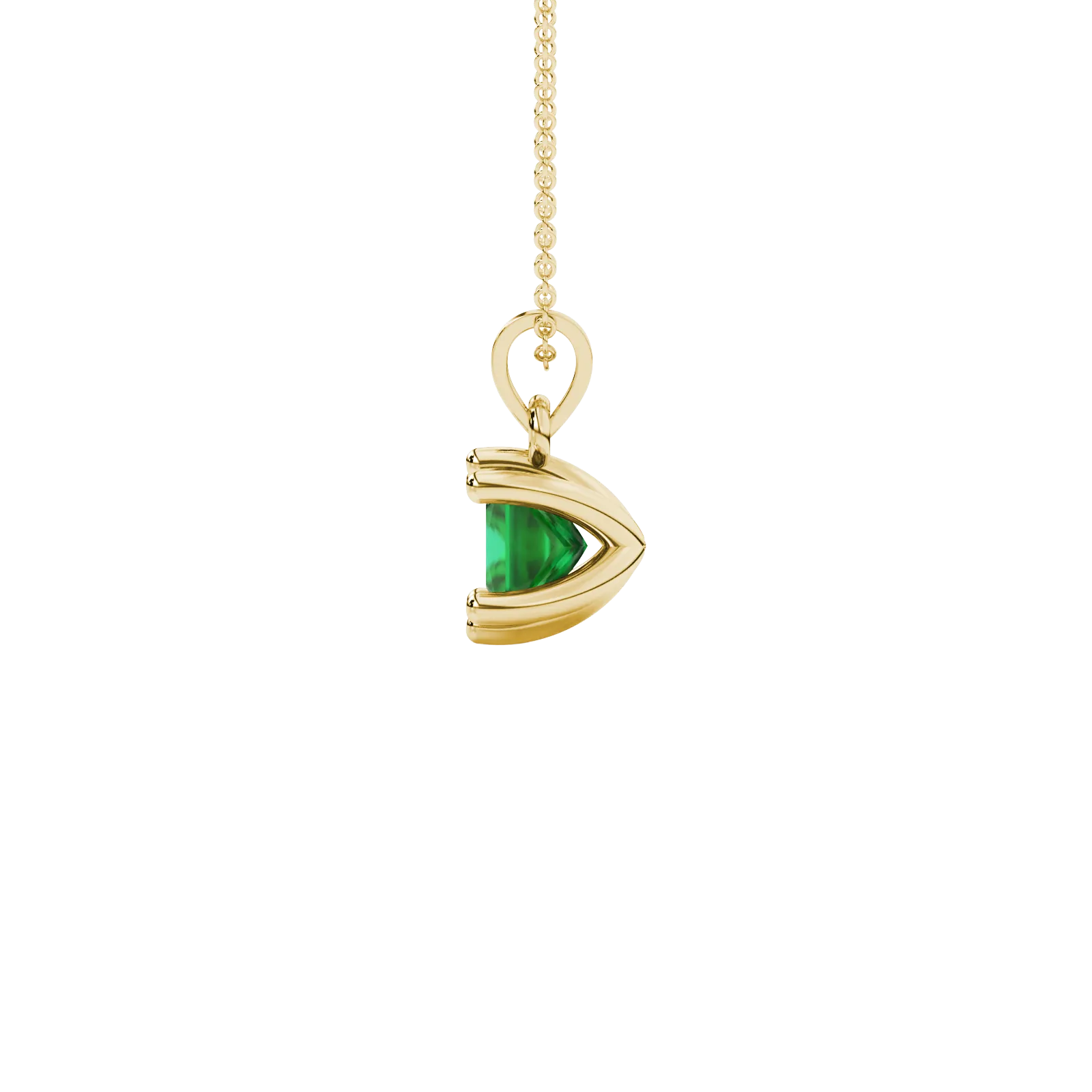 Side profile, yellow gold emerald green pendant, six-prong gallery.
