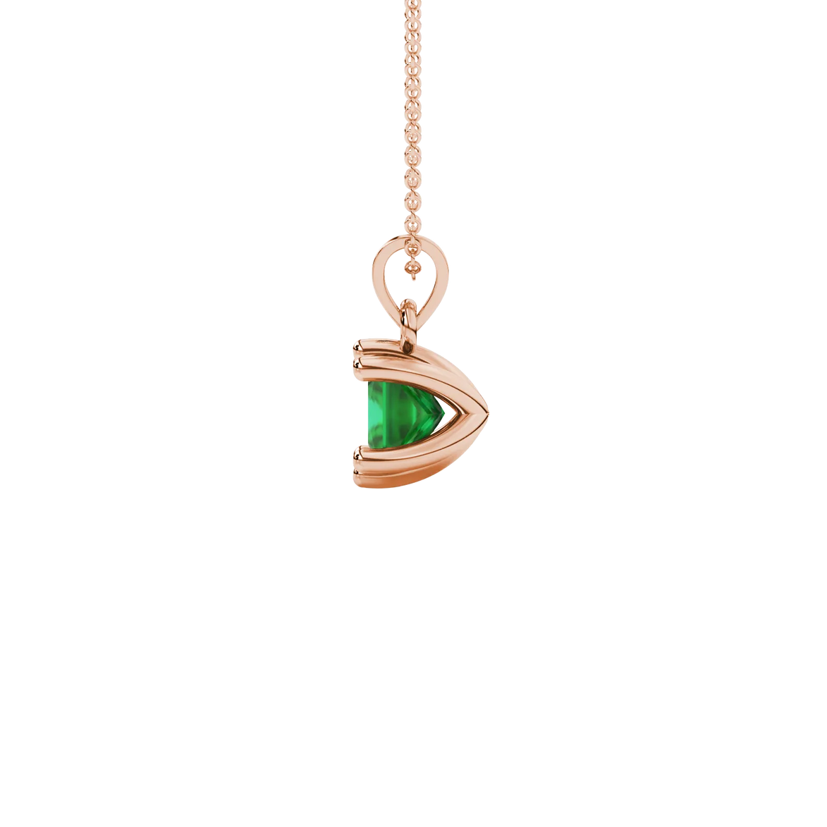 Side profile, rose gold emerald green pendant, six-prong gallery.
