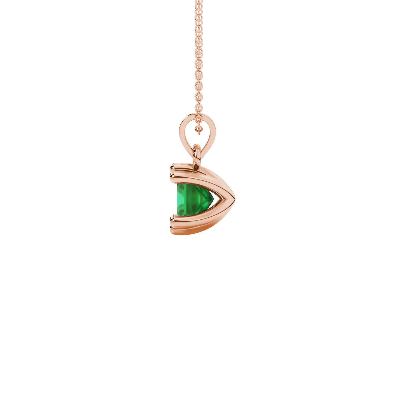 Side profile, rose gold emerald green pendant, six-prong gallery.