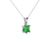 Close-up emerald green gemstone pendant, white gold six-prong setting.