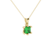 Close-up, princess emerald green gemstone, yellow gold six-prong pendant.