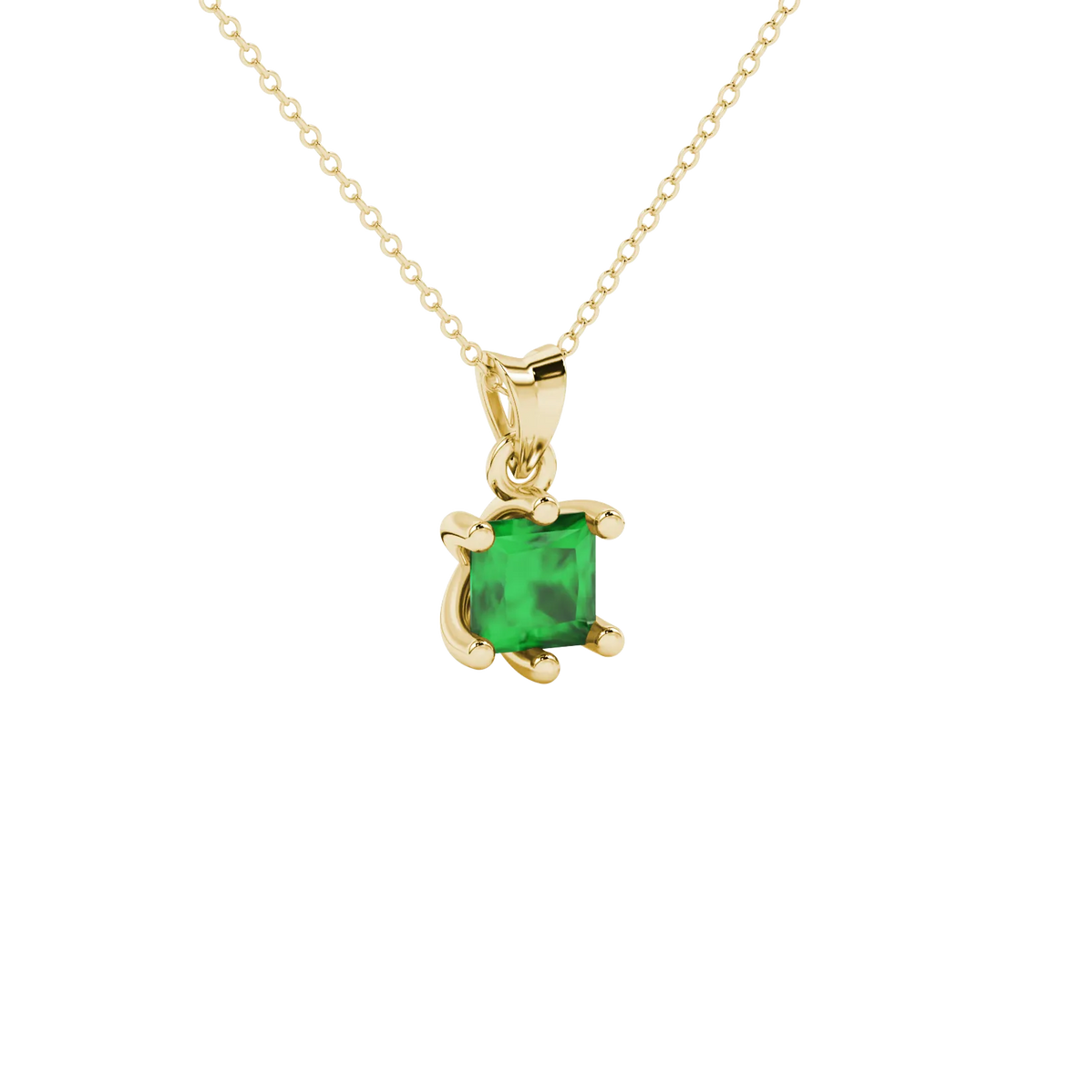 Close-up, princess emerald green gemstone, yellow gold six-prong pendant.