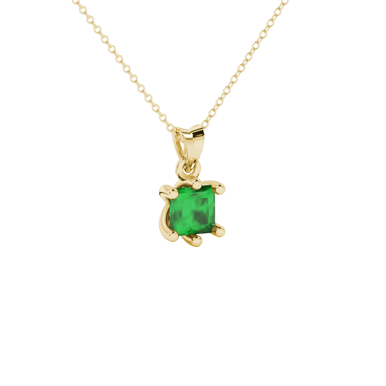 Close-up, princess emerald green gemstone, yellow gold six-prong pendant.
