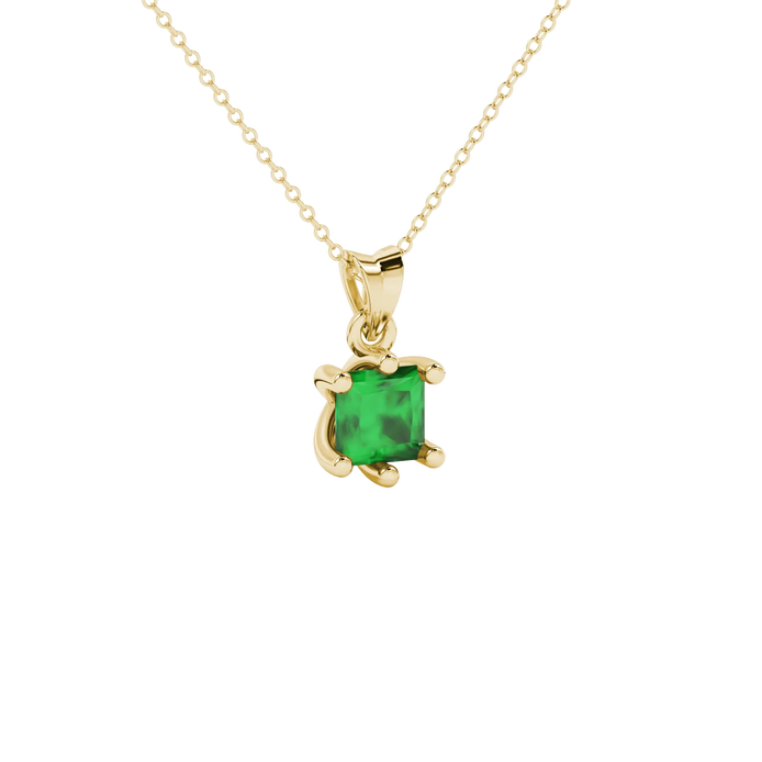 Close-up, princess emerald green gemstone, yellow gold six-prong pendant.